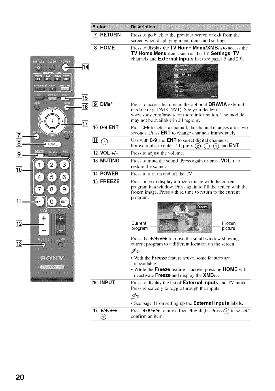 Freeze | Sony BRAVIA KDL52V4100 User Manual | Page 20 / 48