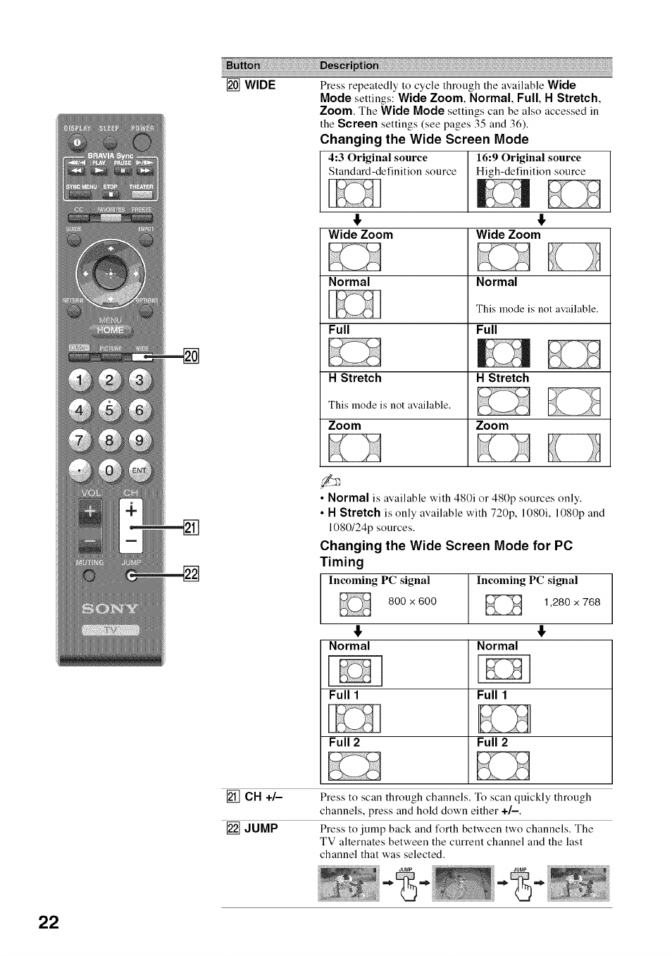 Changing the wide screen mode, Changing the wide screen mode for pc timing, I20i | Sony BRAVIA KDL52V4100 User Manual | Page 22 / 48