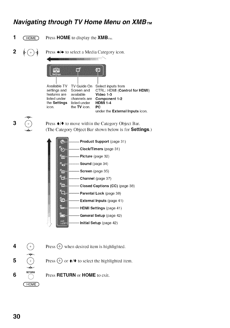 Navigating through tv home menu on xmbi | Sony BRAVIA KDL52V4100 User Manual | Page 30 / 48