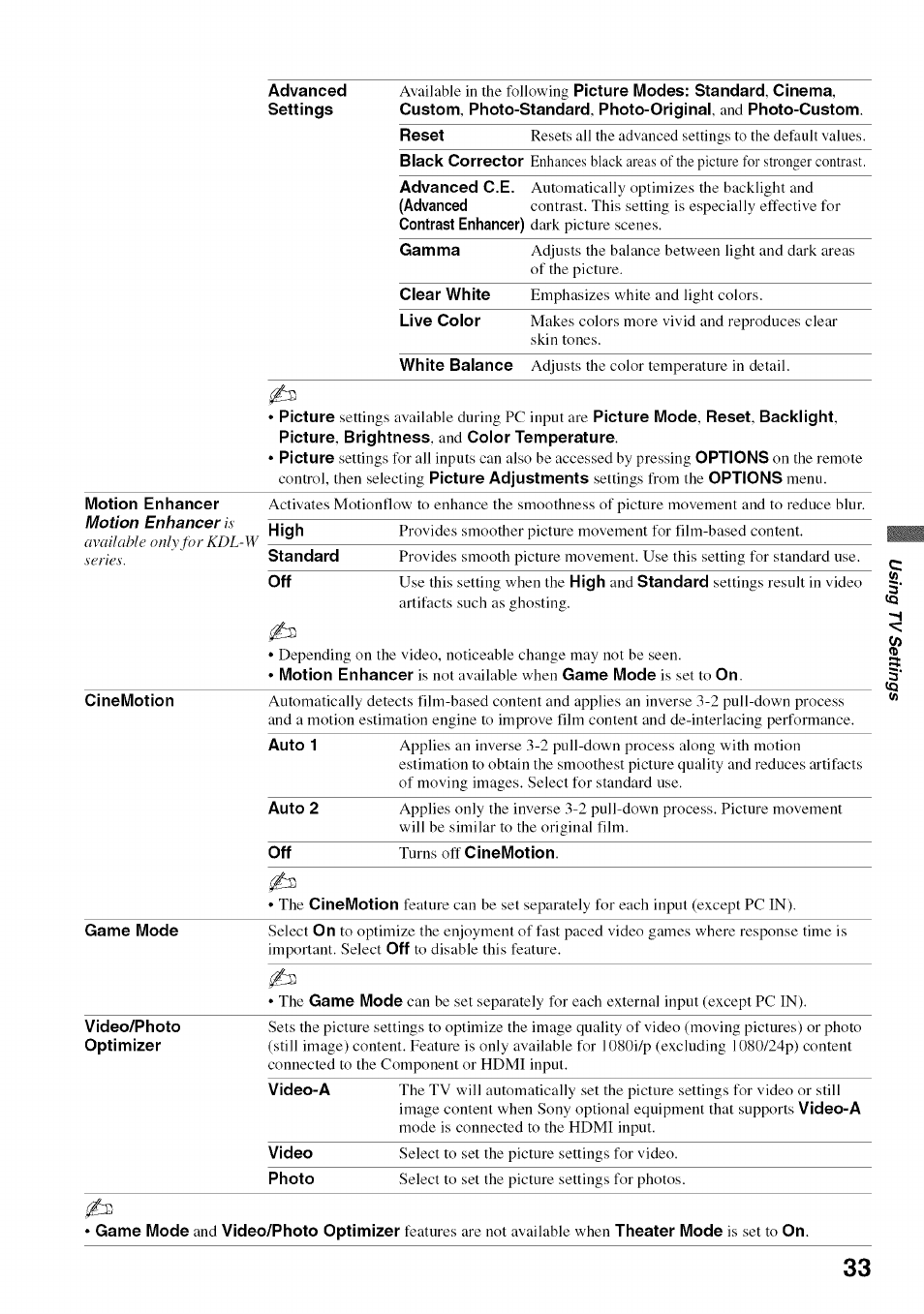 Advanced, Settings, Motion enhancer | Sony BRAVIA KDL52V4100 User Manual | Page 33 / 48