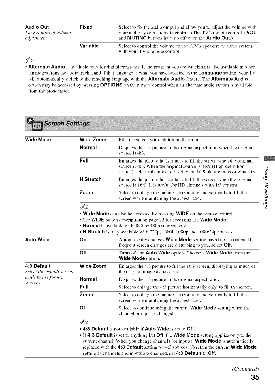 Screen settings | Sony BRAVIA KDL52V4100 User Manual | Page 35 / 48