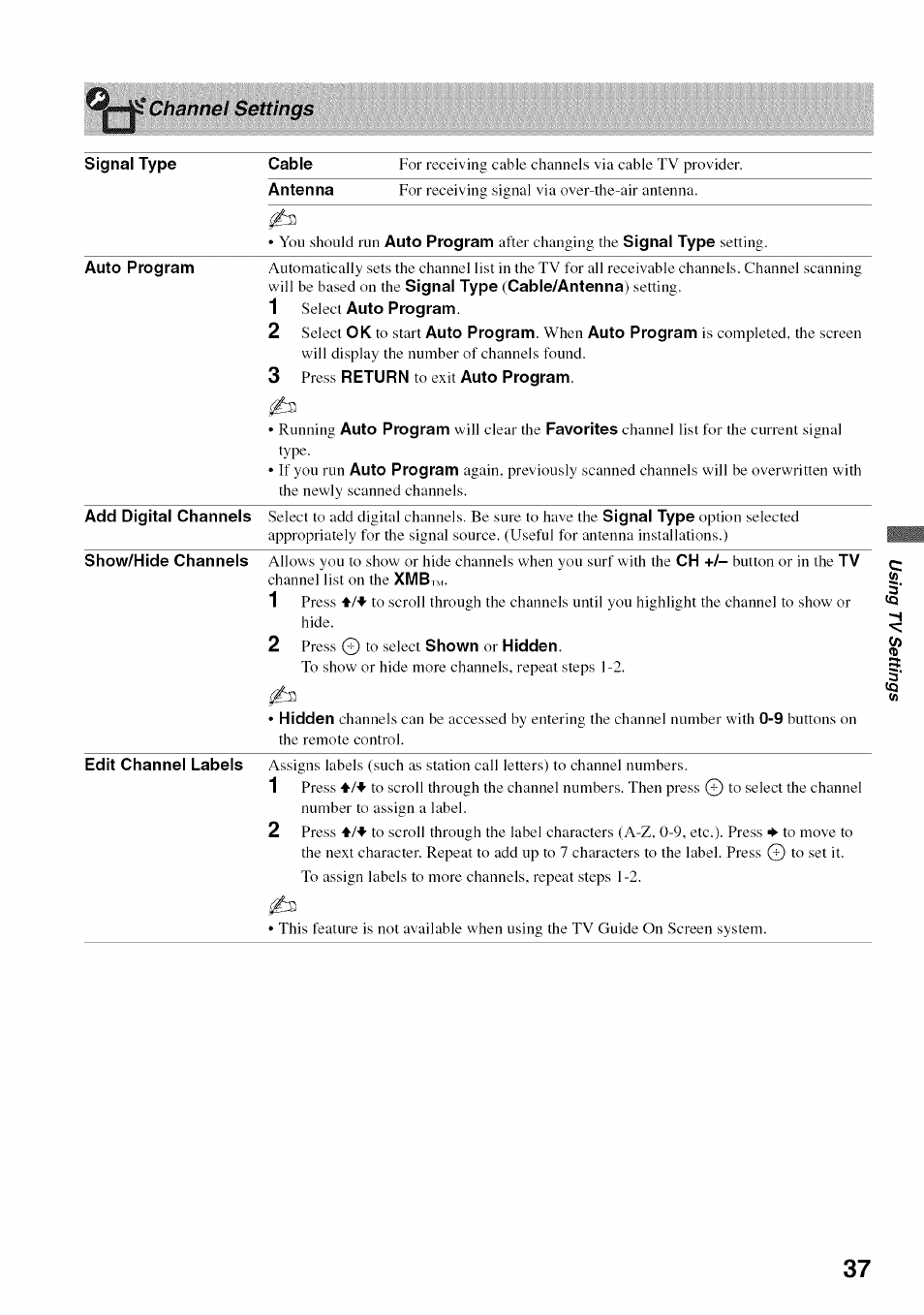 Channel settings | Sony BRAVIA KDL52V4100 User Manual | Page 37 / 48