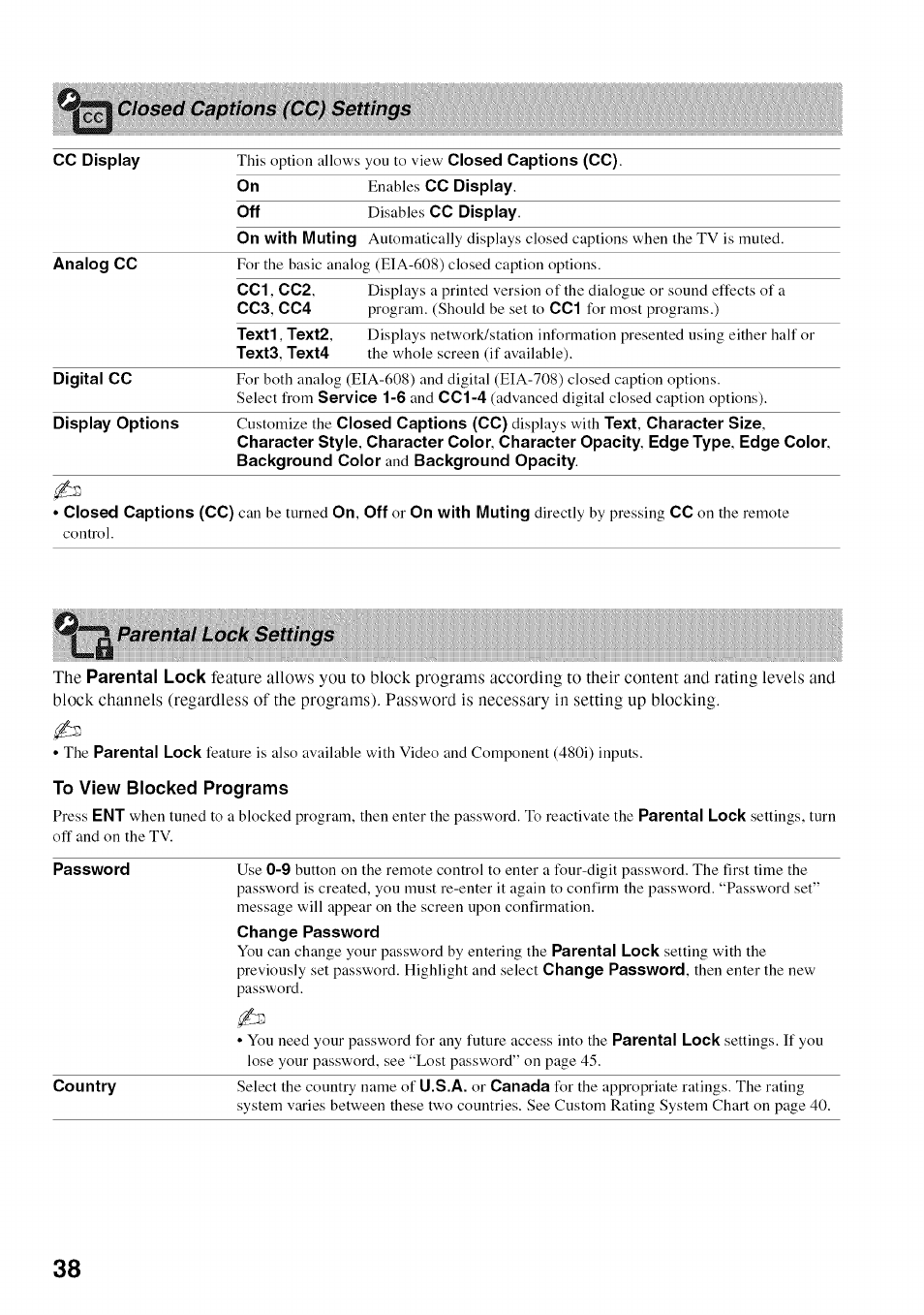 4 ;; parental lock settings l—>a, To view blocked programs, Change password | Ta parental lock settings, Closed captions (cc) settings, Parental lock settings l—>a | Sony BRAVIA KDL52V4100 User Manual | Page 38 / 48