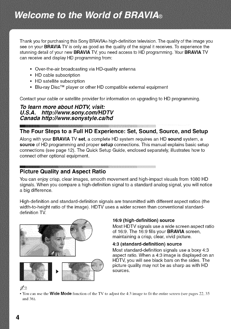 9 (high-definition) source, 3 (standard-definition) source, Picture quality and aspect ratio | Sony BRAVIA KDL52V4100 User Manual | Page 4 / 48