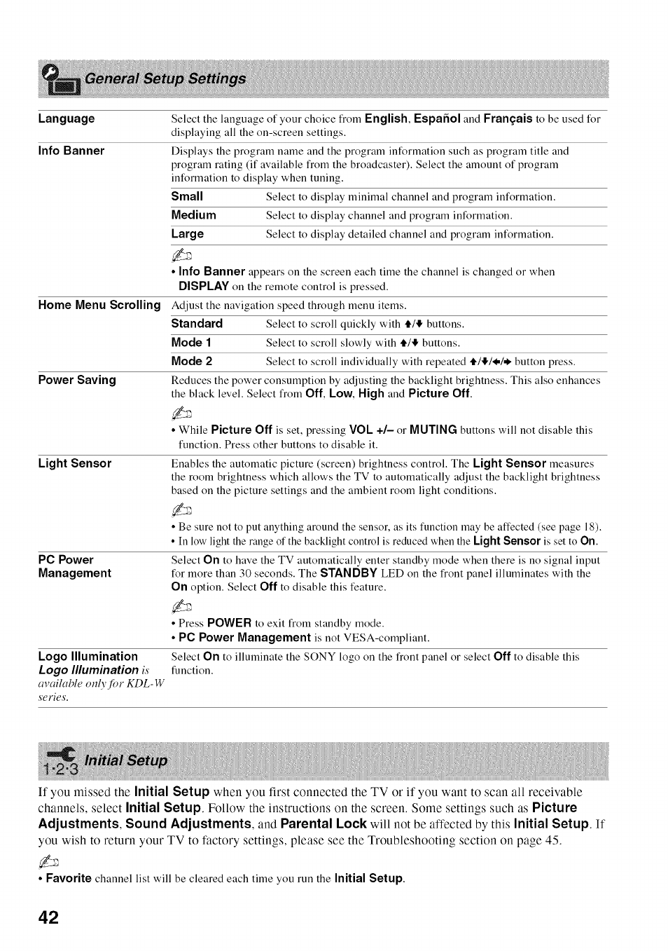 General setup settings, Language info banner, Mode 1 | Mode 2, Power saving, Light sensor, Pc power management, Initial setup | Sony BRAVIA KDL52V4100 User Manual | Page 42 / 48