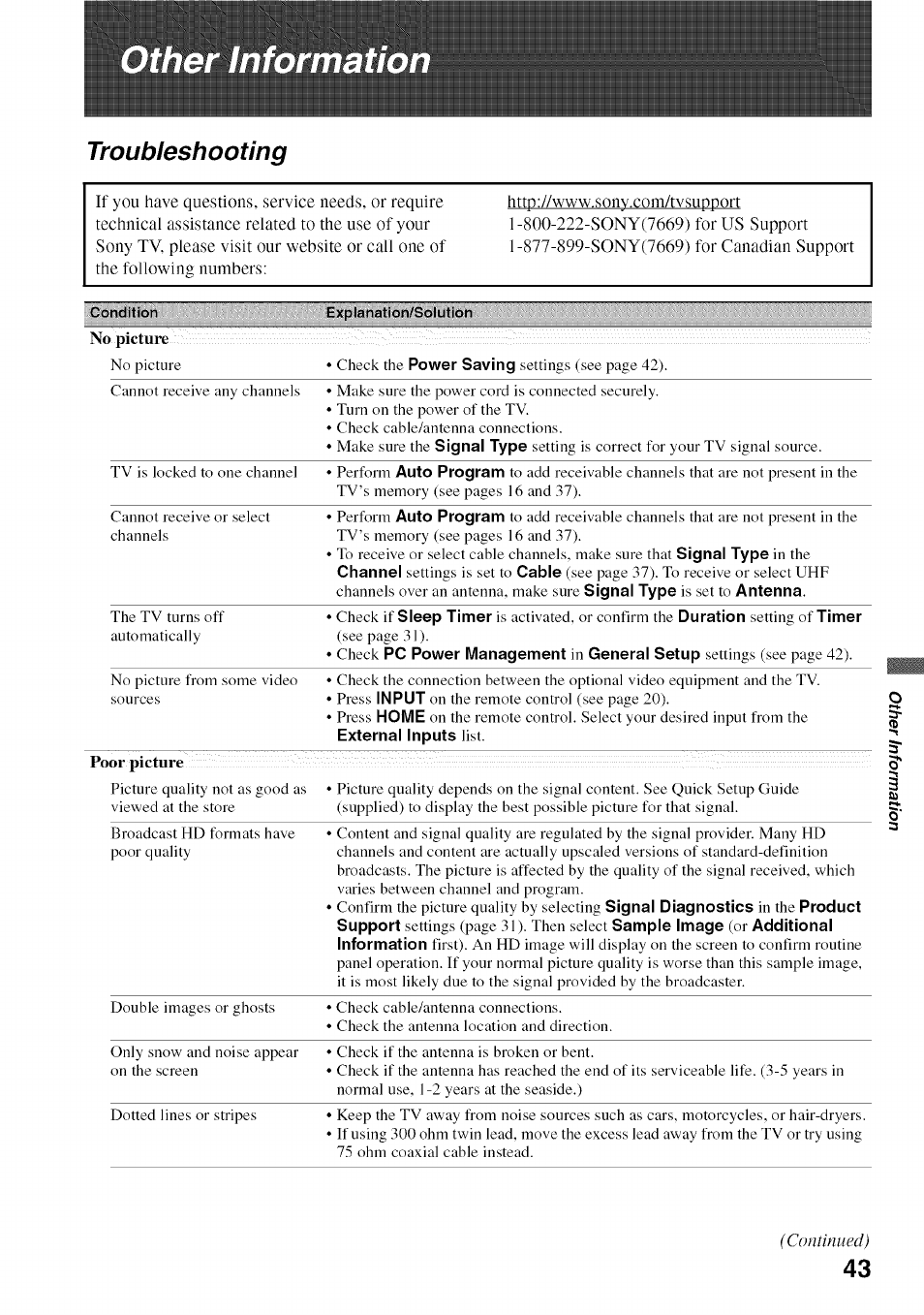 Other information | Sony BRAVIA KDL52V4100 User Manual | Page 43 / 48