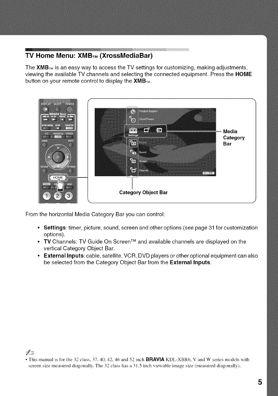 Tv home menu: xmb, Xrossmediabar) | Sony BRAVIA KDL52V4100 User Manual | Page 5 / 48