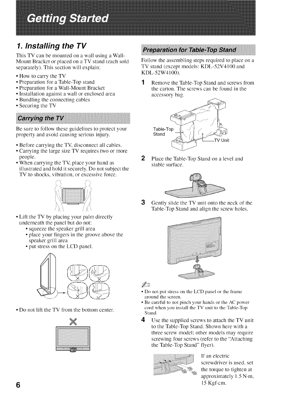 Installing the tv, Carrying the tv, Preparation for table-top stand | Sony BRAVIA KDL52V4100 User Manual | Page 6 / 48
