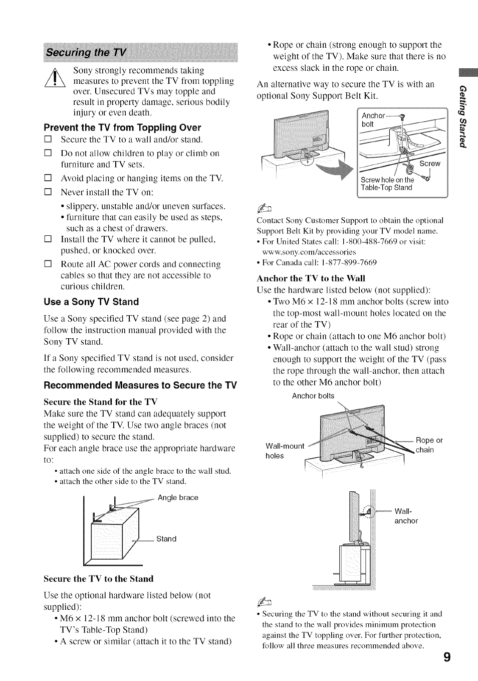 Securing the tv, Prevent the tv from toppling over, Use a sony tv stand | Recommended measures to secure the tv | Sony BRAVIA KDL52V4100 User Manual | Page 9 / 48