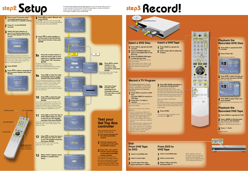 System menu, Enter, Test your set top box controller | Playback the recorded dvd disc, Playback the recorded vhs tape, Insert a dvd disc, Insert a vhs tape, Record a tv program, Dub from vhs tape to dvd | Sony RDR-VX521 User Manual | Page 2 / 2