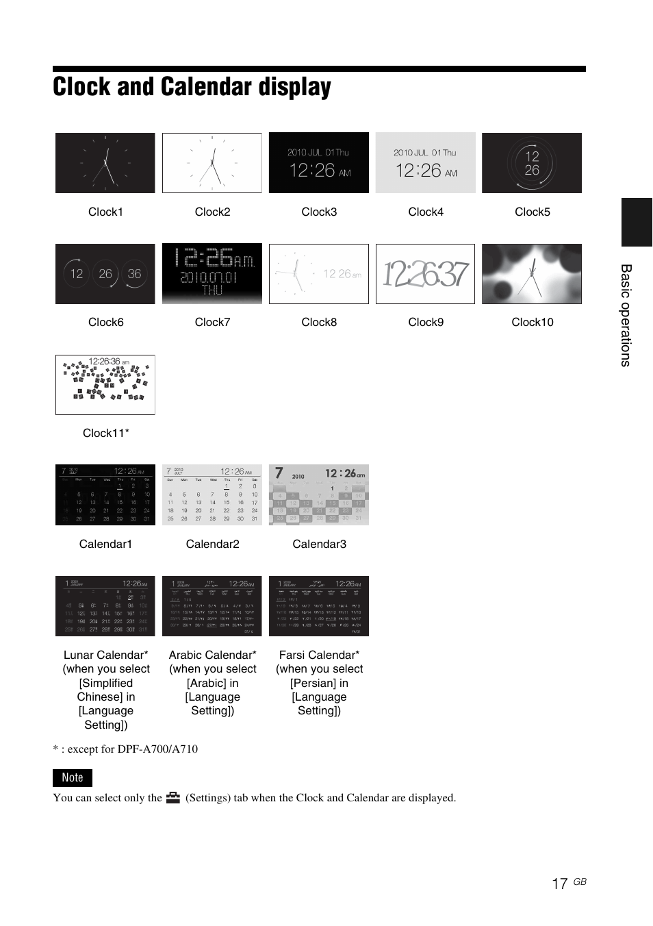 Clock and calendar display | Sony DPF-A710/A700 User Manual | Page 17 / 55