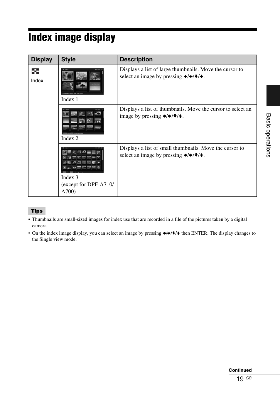 Index image display | Sony DPF-A710/A700 User Manual | Page 19 / 55