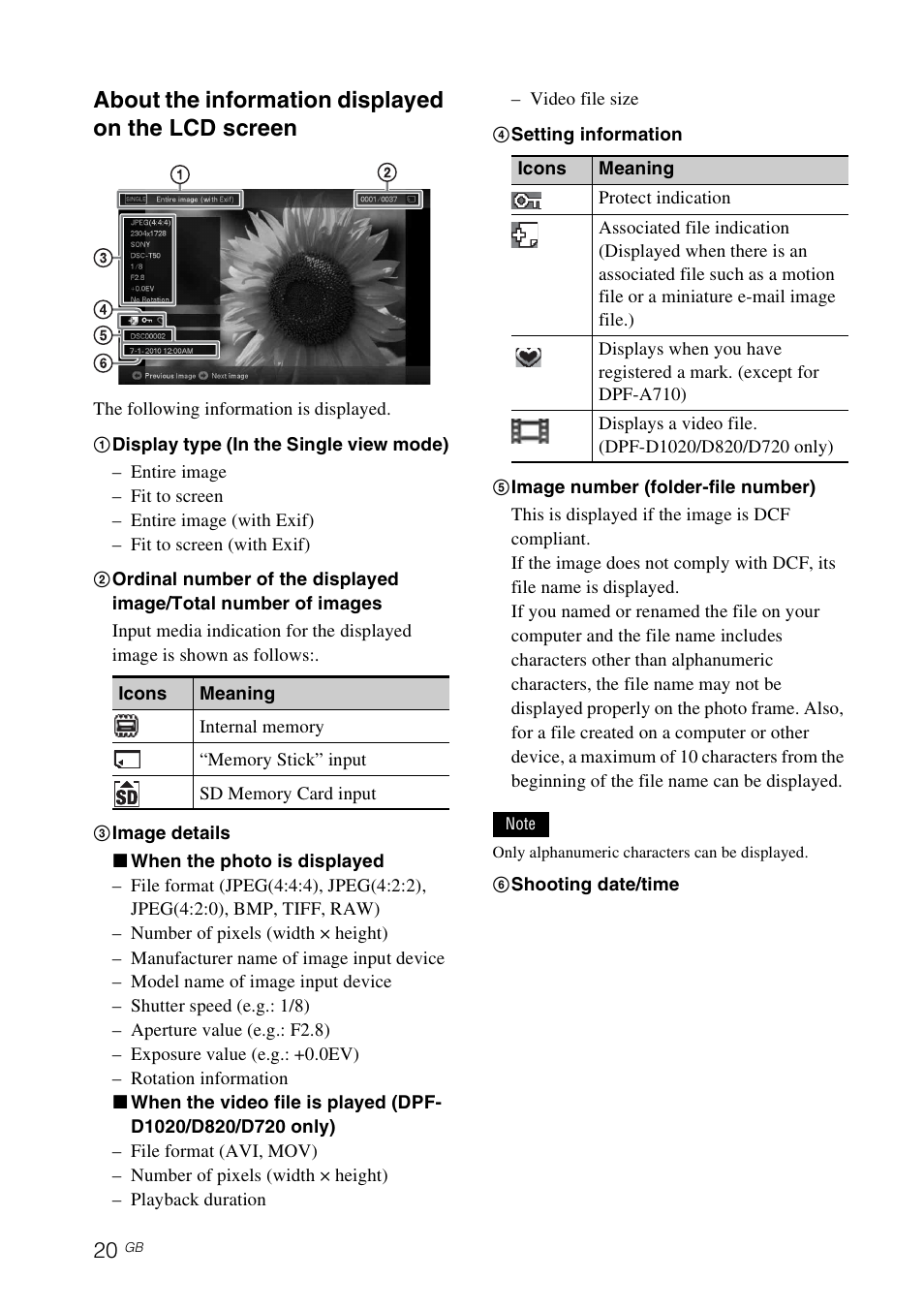 About the information displayed on the lcd screen | Sony DPF-A710/A700 User Manual | Page 20 / 55