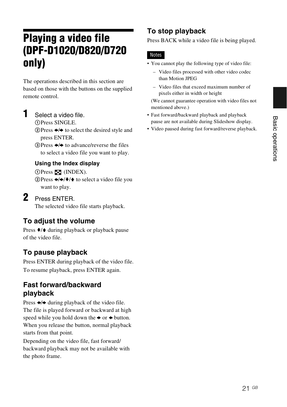Playing a video file (dpf-d1020/d820/d720 only), Playing a video file (dpf-d1020/ d820/d720 only), Fast forward/backward playback | Sony DPF-A710/A700 User Manual | Page 21 / 55