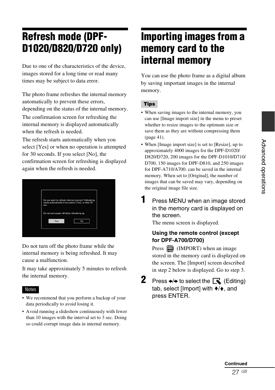 Refresh mode (dpf-d1020/d820/d720 only), Refresh mode (dpf-d1020/d820/ d720 only) | Sony DPF-A710/A700 User Manual | Page 27 / 55