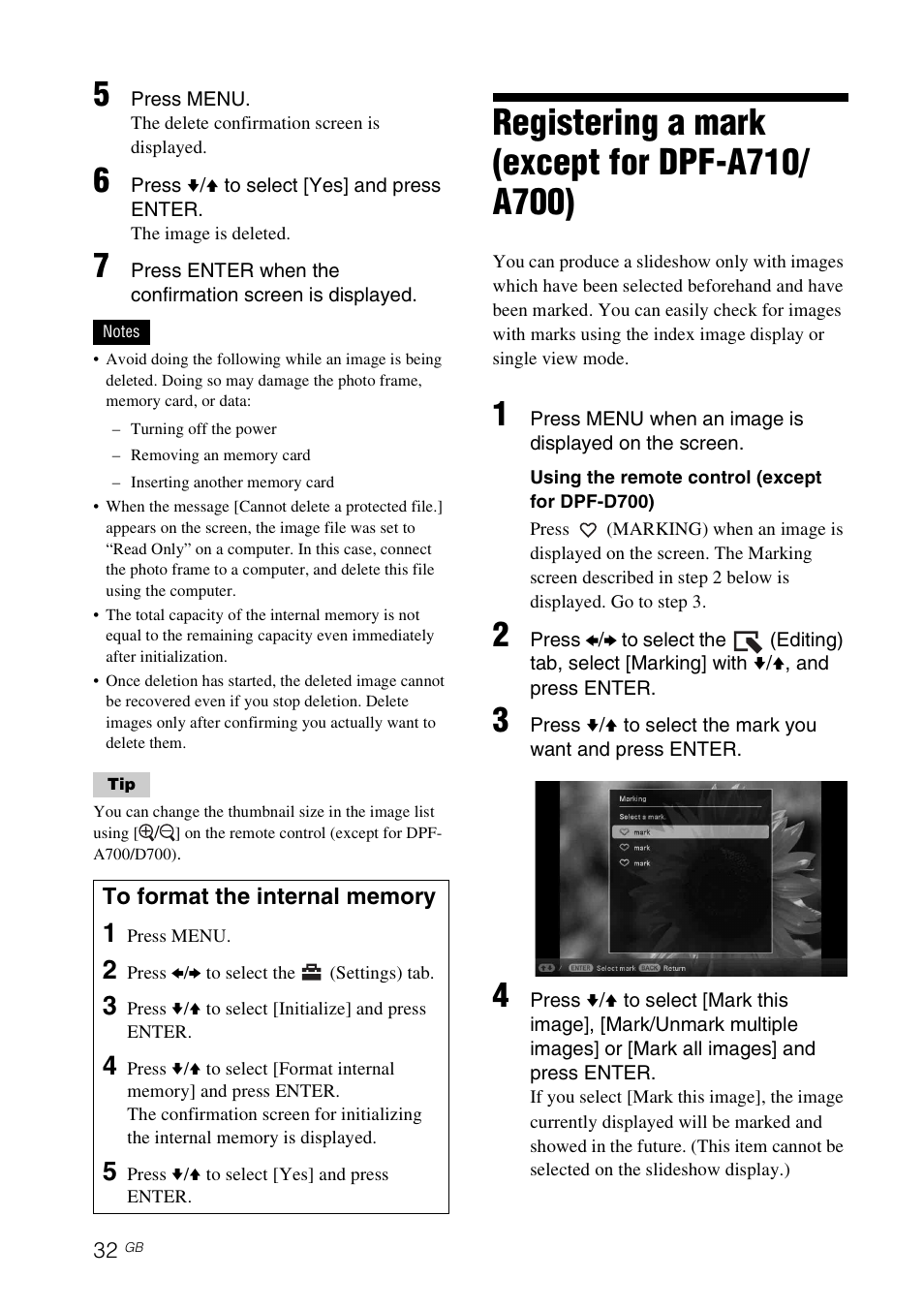 Registering a mark (except for dpf-a710/ a700), Registering a mark (except for dpf- a710/a700) | Sony DPF-A710/A700 User Manual | Page 32 / 55