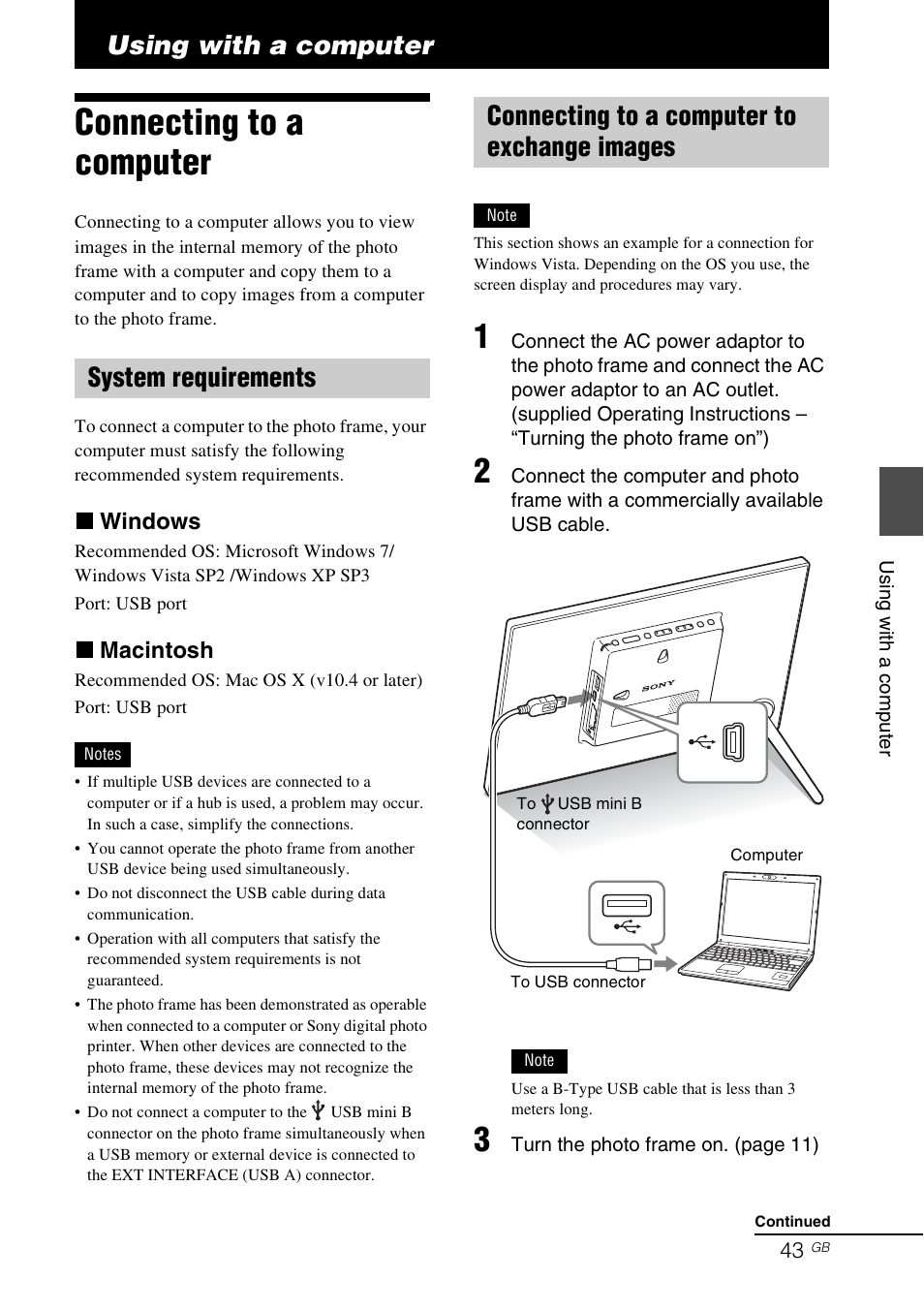 Using with a computer, Connecting to a computer, System requirements | Connecting to a computer to exchange images, X windows, X macintosh | Sony DPF-A710/A700 User Manual | Page 43 / 55