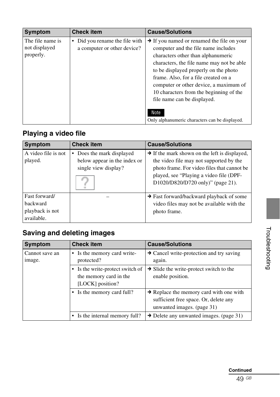 Playing a video file saving and deleting images | Sony DPF-A710/A700 User Manual | Page 49 / 55