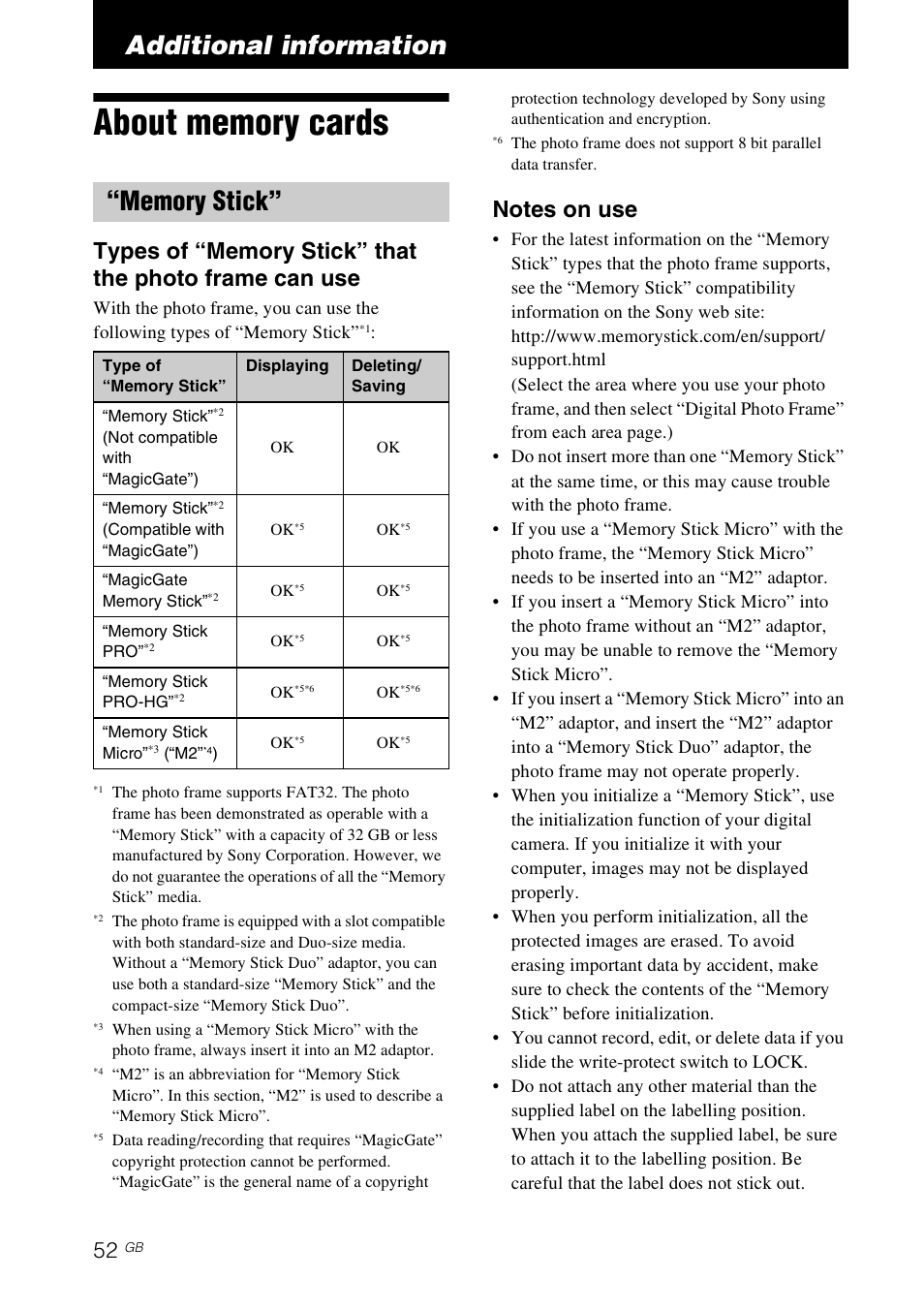 Additional information, About memory cards, Memory stick | Sony DPF-A710/A700 User Manual | Page 52 / 55