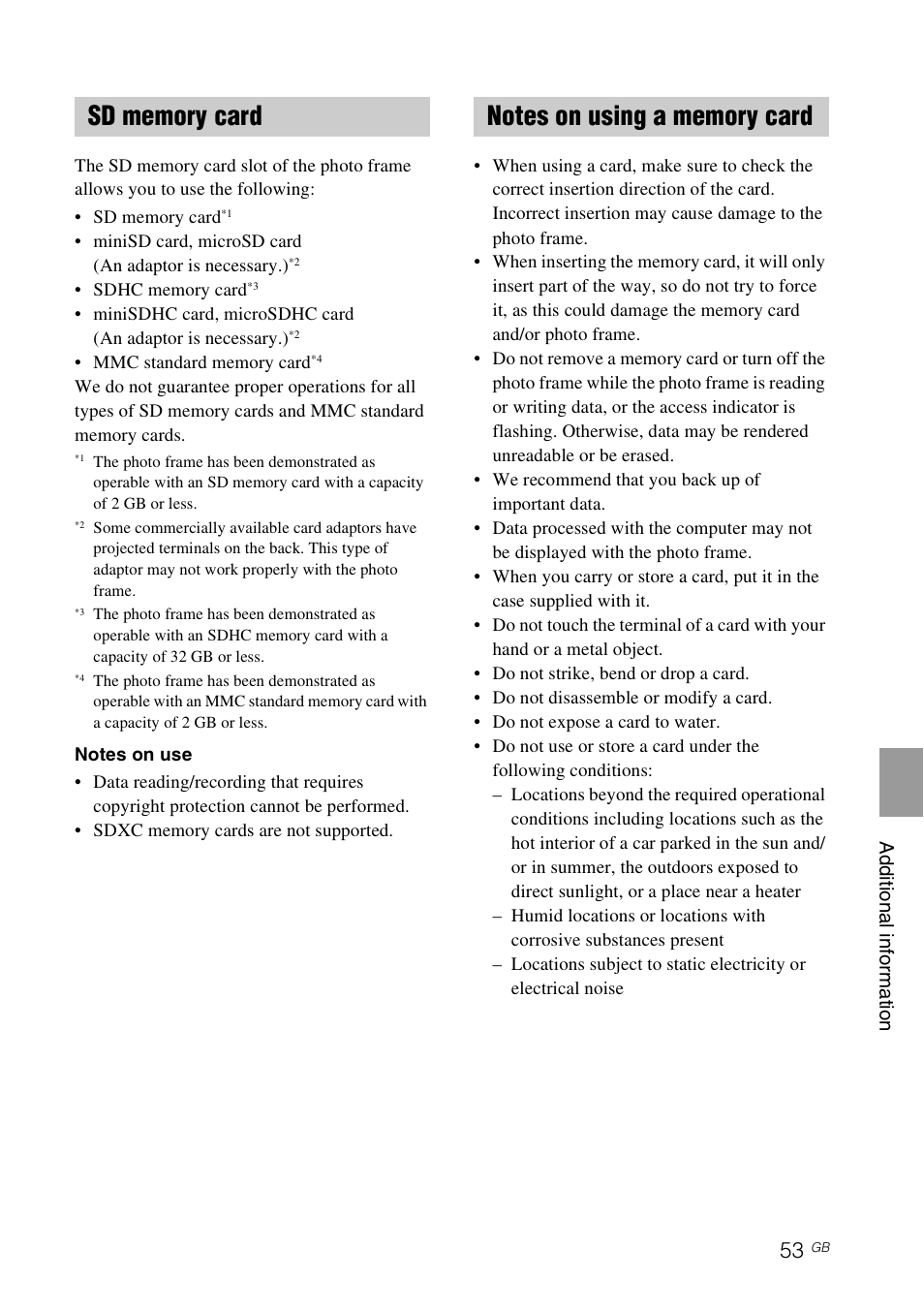 Sd memory card, Notes on using a memory card, Sd memory card notes on using a memory card | Sony DPF-A710/A700 User Manual | Page 53 / 55