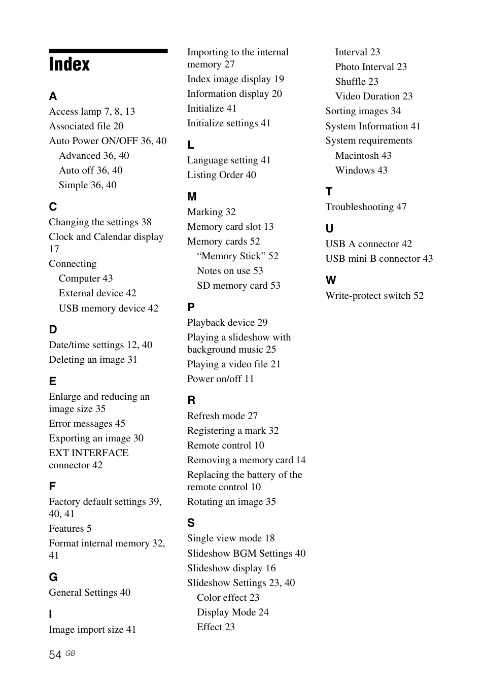 Index | Sony DPF-A710/A700 User Manual | Page 54 / 55
