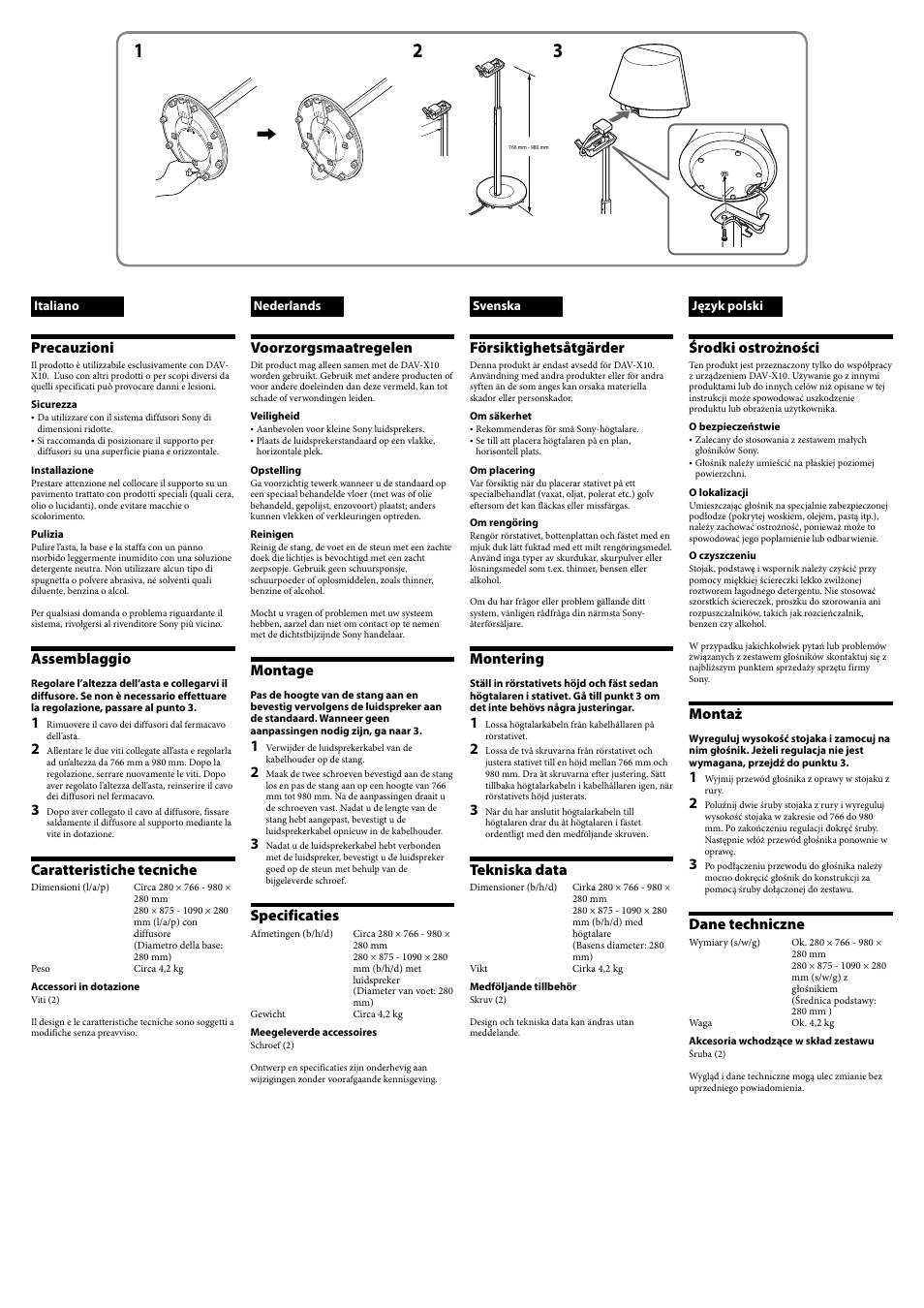Voorzorgsmaatregelen, Montage, Specificaties | Försiktighetsåtgärder, Montering, Tekniska data, Środki ostrożności, Montaż, Dane techniczne, Precauzioni | Sony WSX10FB User Manual | Page 2 / 2