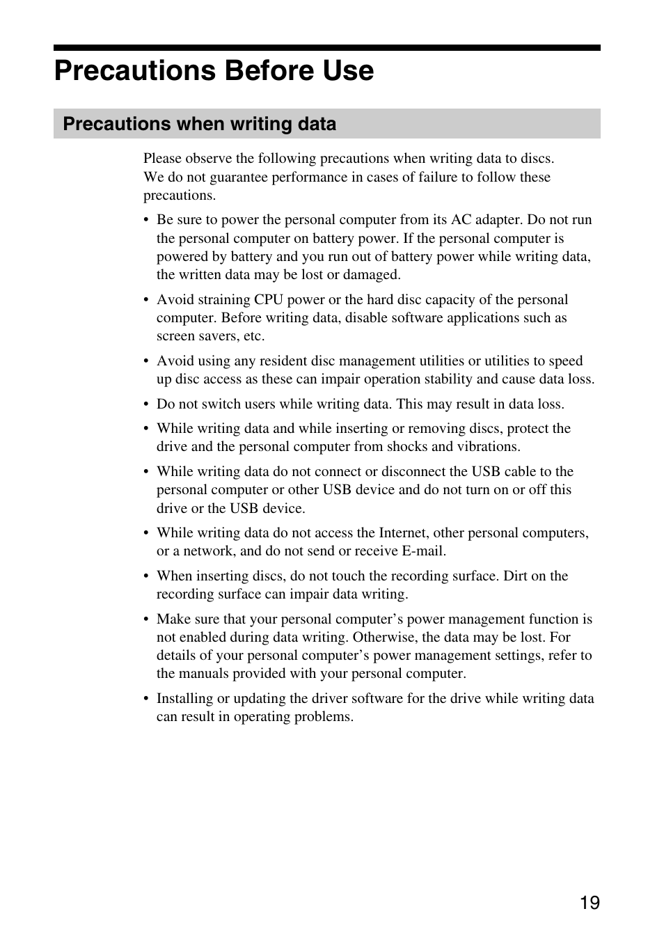 Precautions before use, Precautions when writing data | Sony DVDRW DRIVE VGP-DDRW4 User Manual | Page 19 / 35