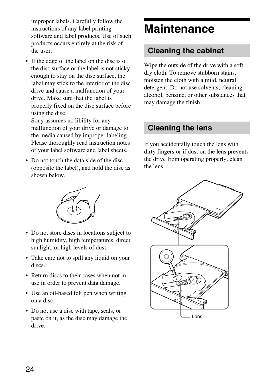 Maintenance, Cleaning the cabinet, Cleaning the lens | Sony DVDRW DRIVE VGP-DDRW4 User Manual | Page 24 / 35