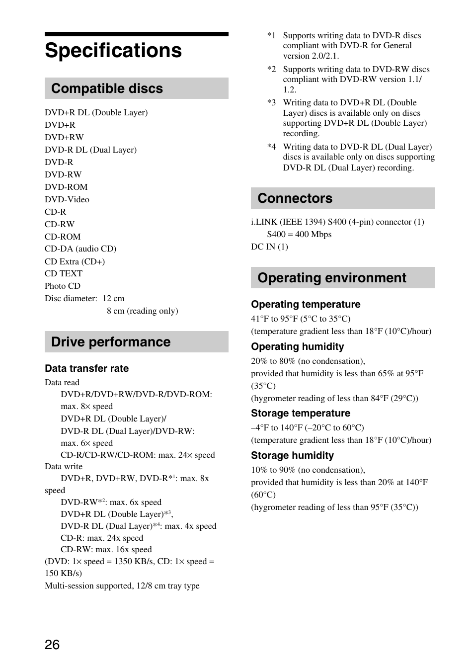 Specifications, Compatible discs, Drive performance | Connectors, Operating environment | Sony DVDRW DRIVE VGP-DDRW4 User Manual | Page 26 / 35