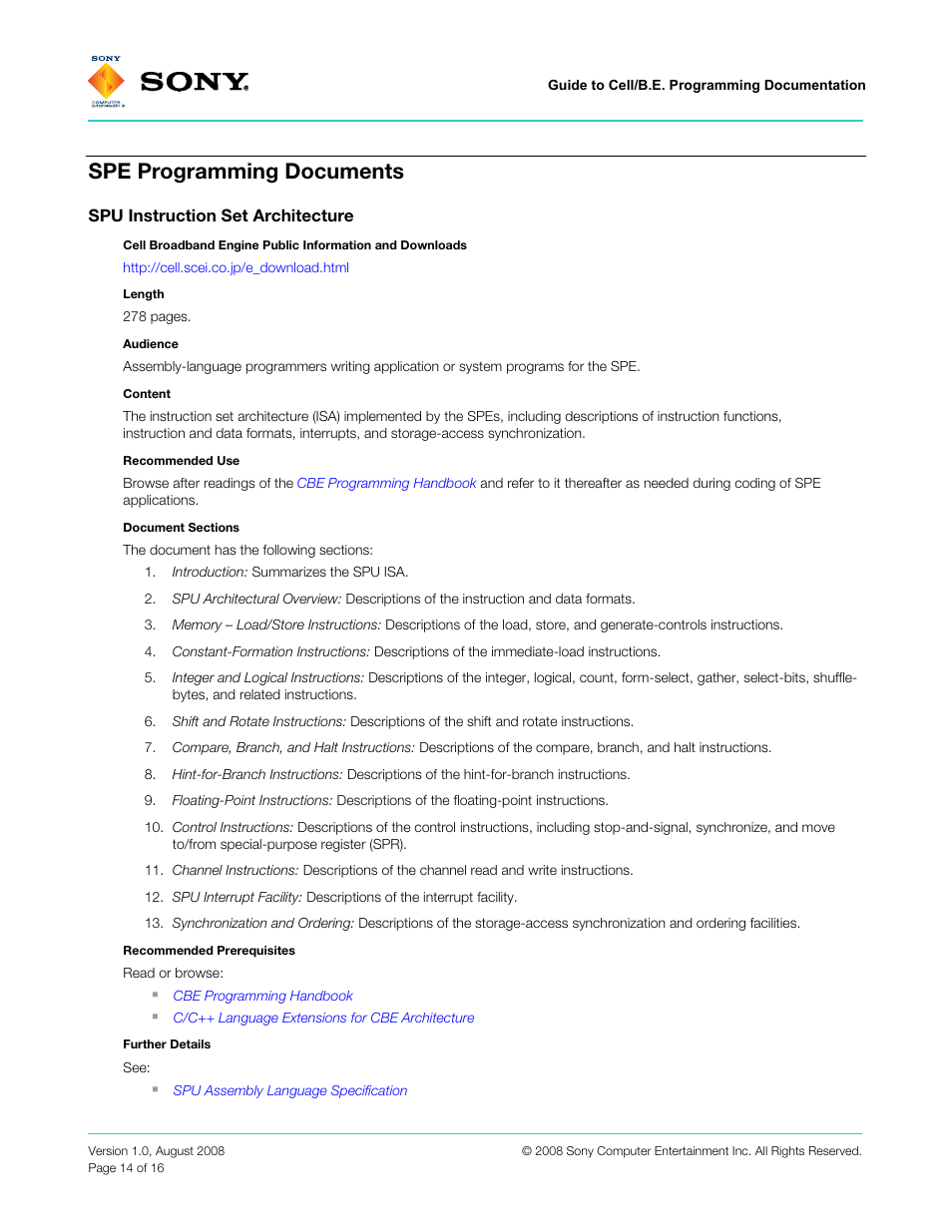 Spe programming documents, Spu instruction set architecture | Sony VERSION 1.0 User Manual | Page 14 / 16