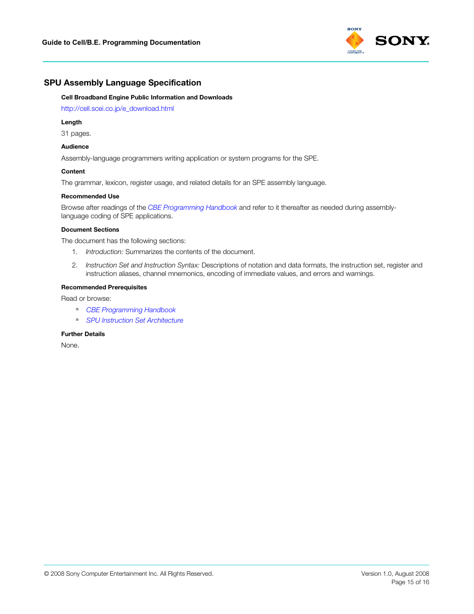 Spu assembly language specification | Sony VERSION 1.0 User Manual | Page 15 / 16