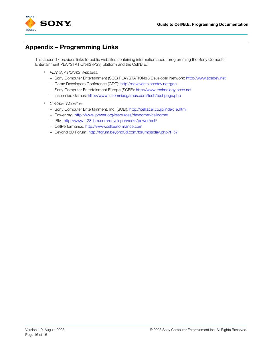 Appendix – programming links | Sony VERSION 1.0 User Manual | Page 16 / 16
