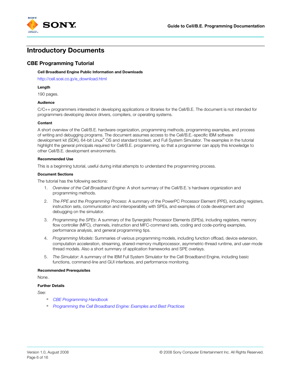 Introductory documents, Cbe programming tutorial | Sony VERSION 1.0 User Manual | Page 6 / 16