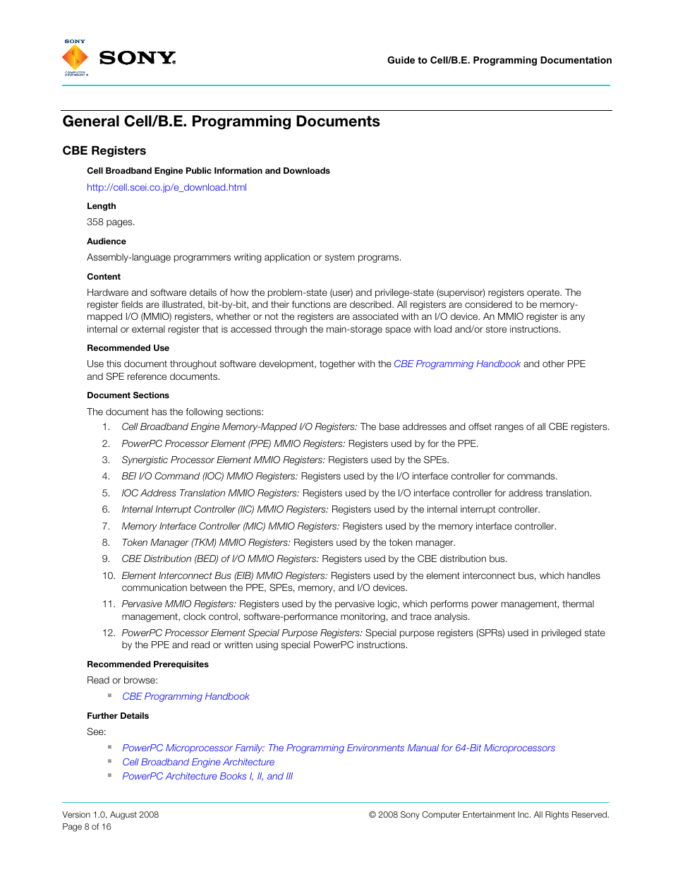 General cell/b.e. programming documents, Cbe registers | Sony VERSION 1.0 User Manual | Page 8 / 16