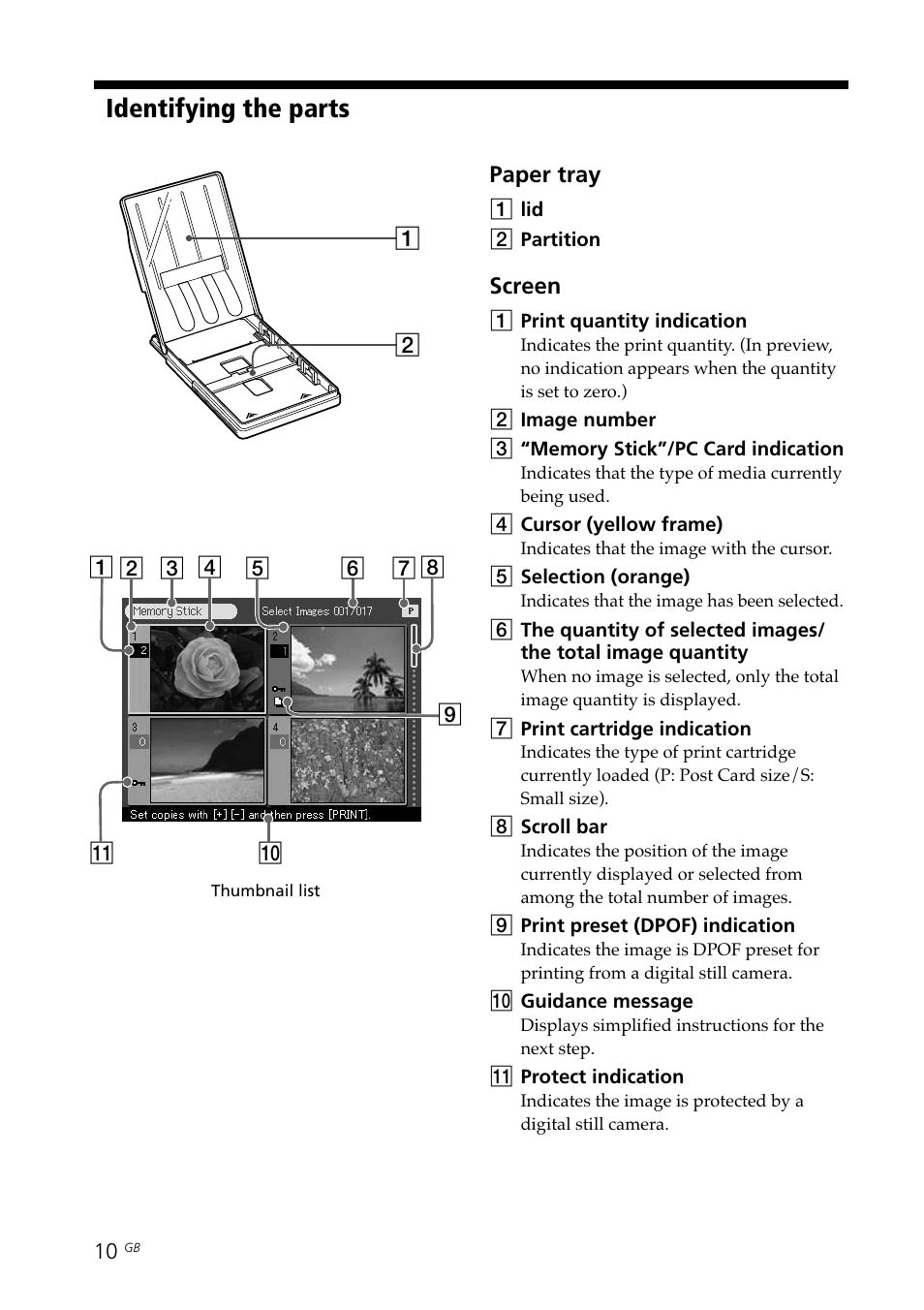 Paper tray, Identifying the parts | Sony DPP--SV77  EN User Manual | Page 10 / 92