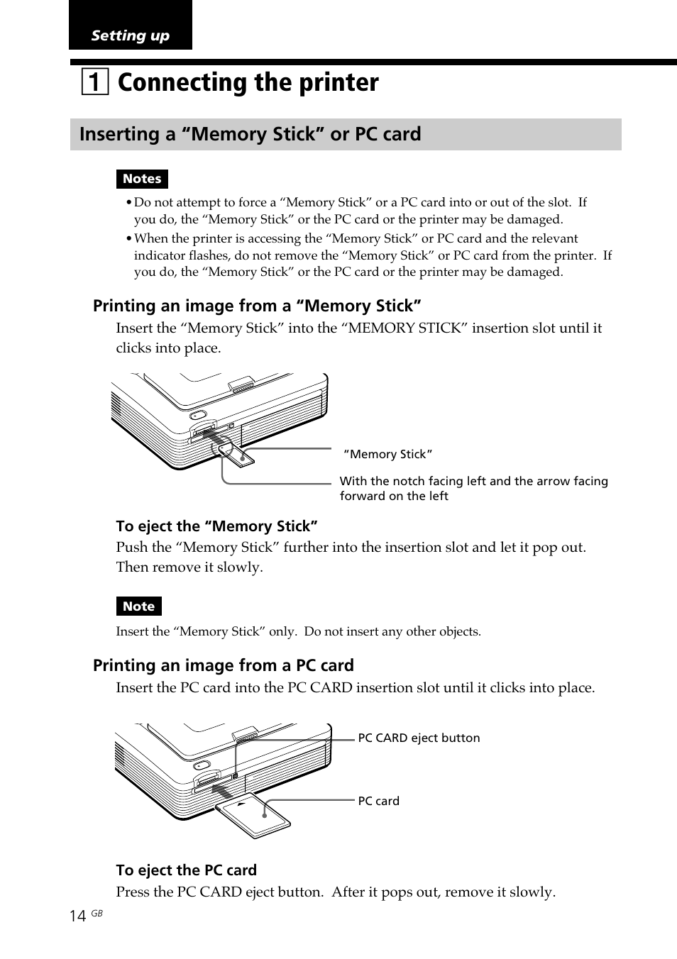 Setting up, 1 connecting the printer, Inserting a “memory stick” or pc card | Inserting/removing, Connecting the printer, 1connecting the printer | Sony DPP--SV77  EN User Manual | Page 14 / 92