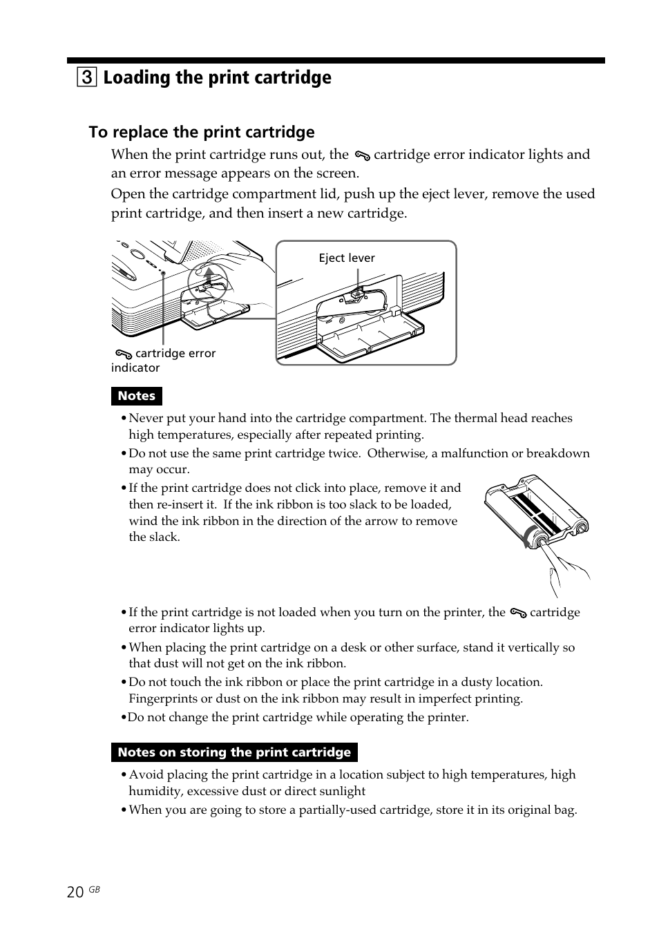Cartridge error indicator, 3loading the print cartridge | Sony DPP--SV77  EN User Manual | Page 20 / 92