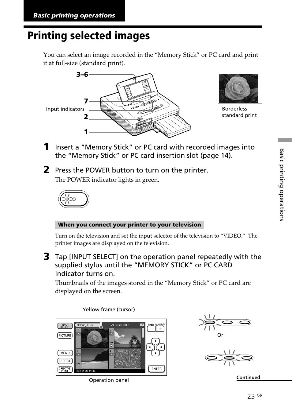 Basic printing operations, Printing selected images, Cursor | An image | Sony DPP--SV77  EN User Manual | Page 23 / 92