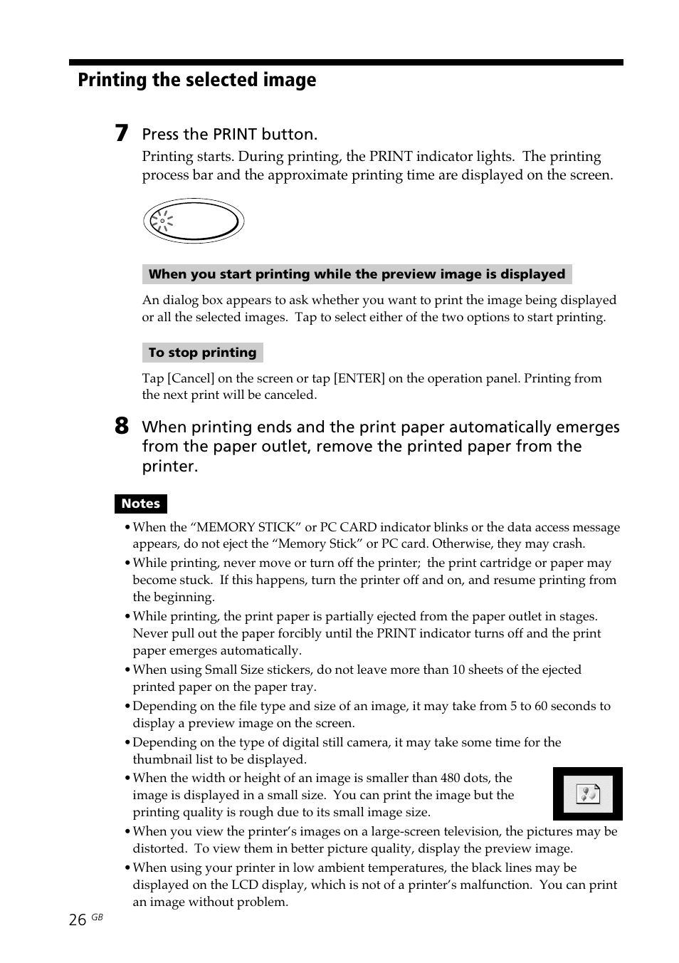 Print button, Printing the selected image | Sony DPP--SV77  EN User Manual | Page 26 / 92