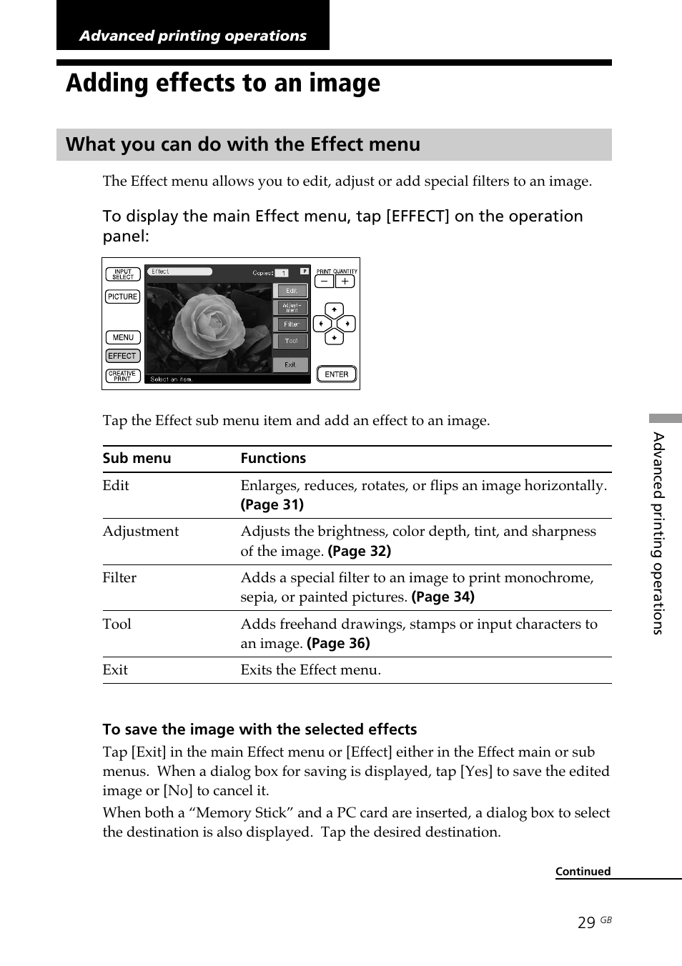 Advanced printing operations, Adding effects to an image, What you can do with the effect menu | Effect menu | Sony DPP--SV77  EN User Manual | Page 29 / 92