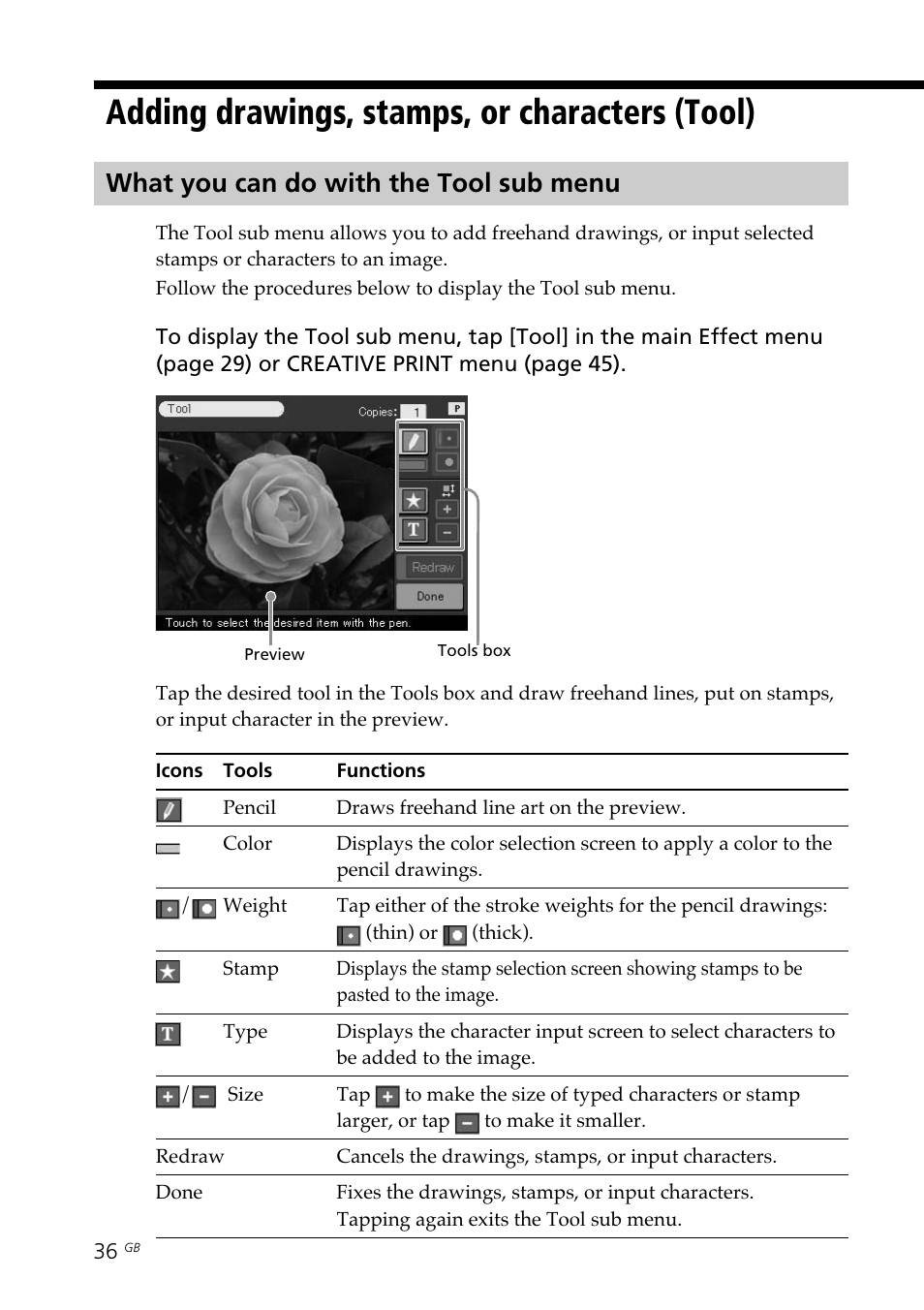 Adding drawings, stamps, or characters (tool), What you can do with the tool sub menu, Tool menu | Adding drawings, stamps, or | Sony DPP--SV77  EN User Manual | Page 36 / 92