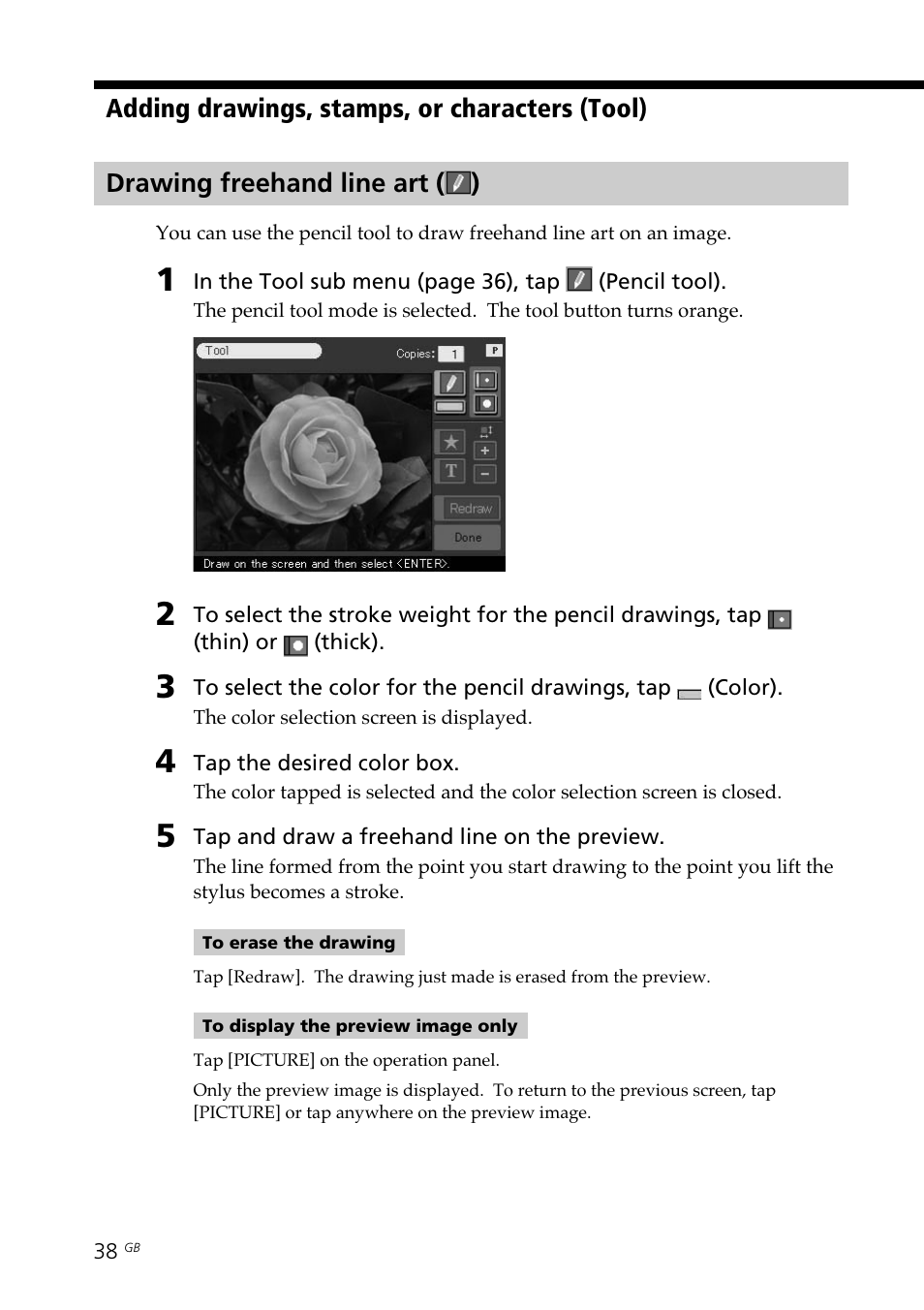 Drawing freehand line art, Pencil tool | Sony DPP--SV77  EN User Manual | Page 38 / 92