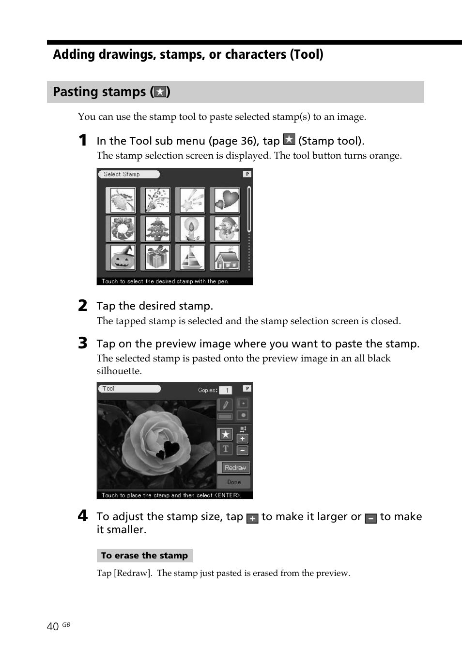 Pasting stamps, Stamp tool | Sony DPP--SV77  EN User Manual | Page 40 / 92