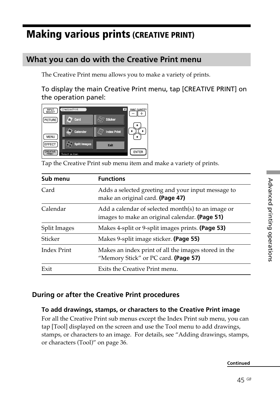 Making various prints (creative print), What you can do with the creative print menu, Creative print menu | Making various prints | Sony DPP--SV77  EN User Manual | Page 45 / 92