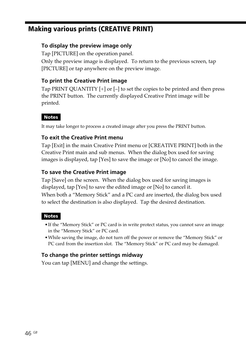 Making various prints (creative print) | Sony DPP--SV77  EN User Manual | Page 46 / 92