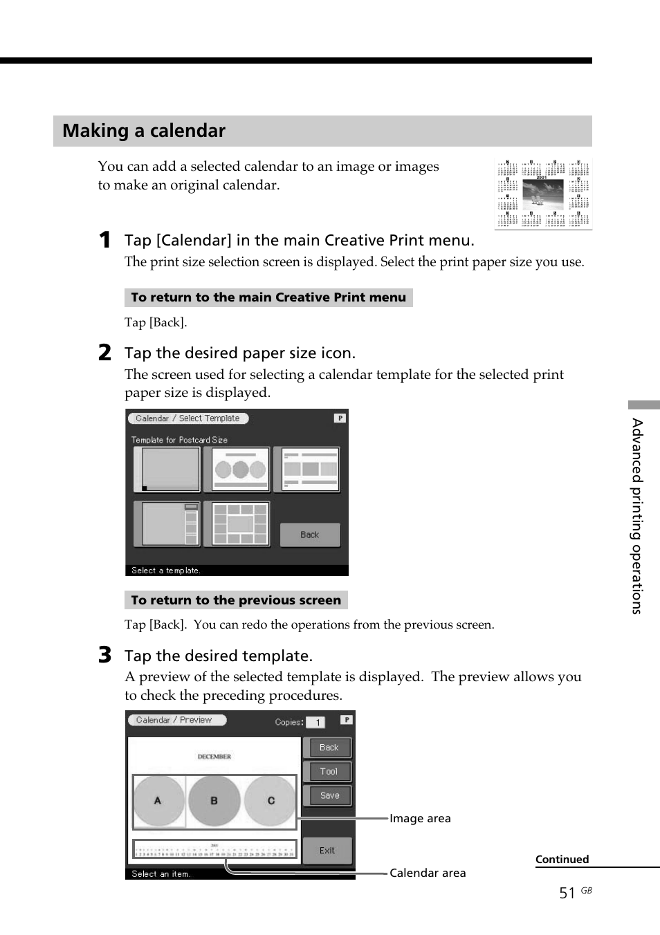 Making a calendar, Calendar | Sony DPP--SV77  EN User Manual | Page 51 / 92