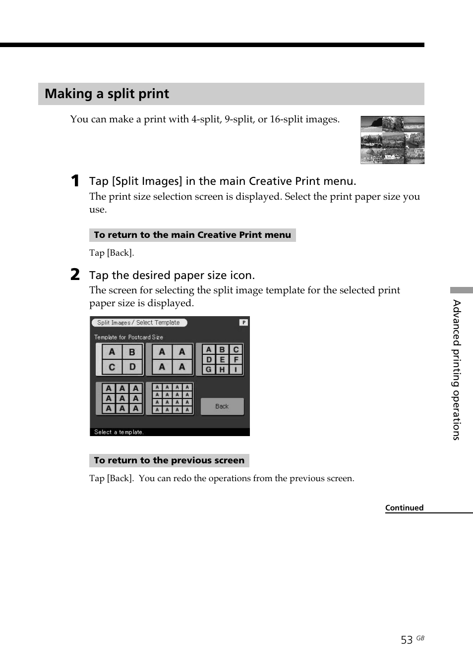 Making a split print, Split images | Sony DPP--SV77  EN User Manual | Page 53 / 92