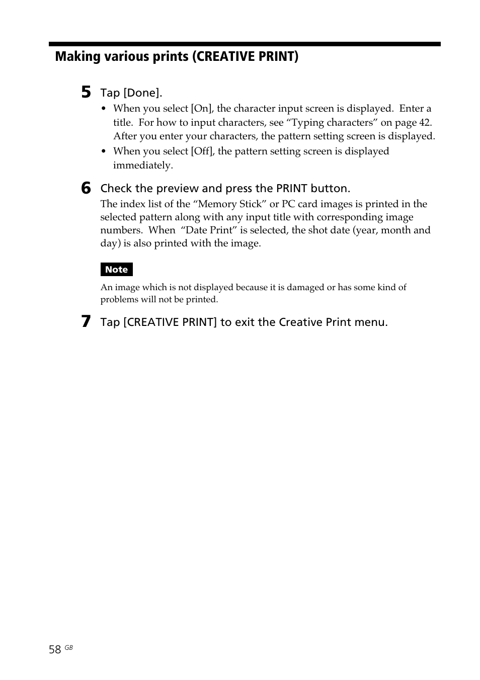 Making various prints (creative print) | Sony DPP--SV77  EN User Manual | Page 58 / 92