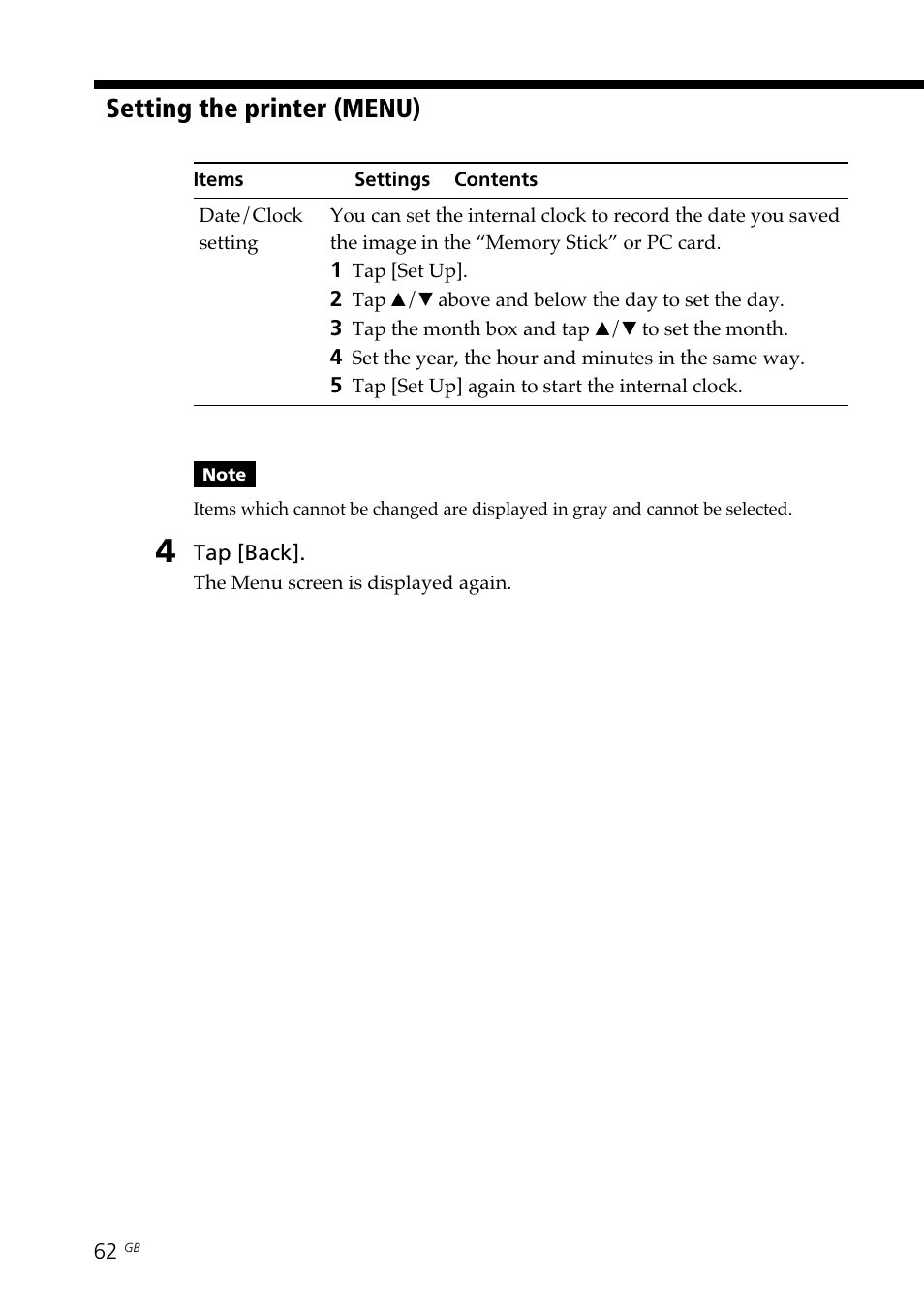 Clock setting, Setting the printer (menu) | Sony DPP--SV77  EN User Manual | Page 62 / 92