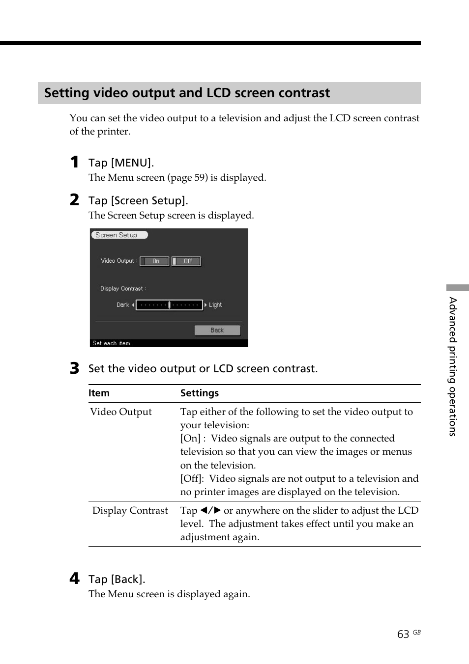 Setting video output and lcd screen contrast, Lcd screen contrast adjustment, Video output setting | Sony DPP--SV77  EN User Manual | Page 63 / 92